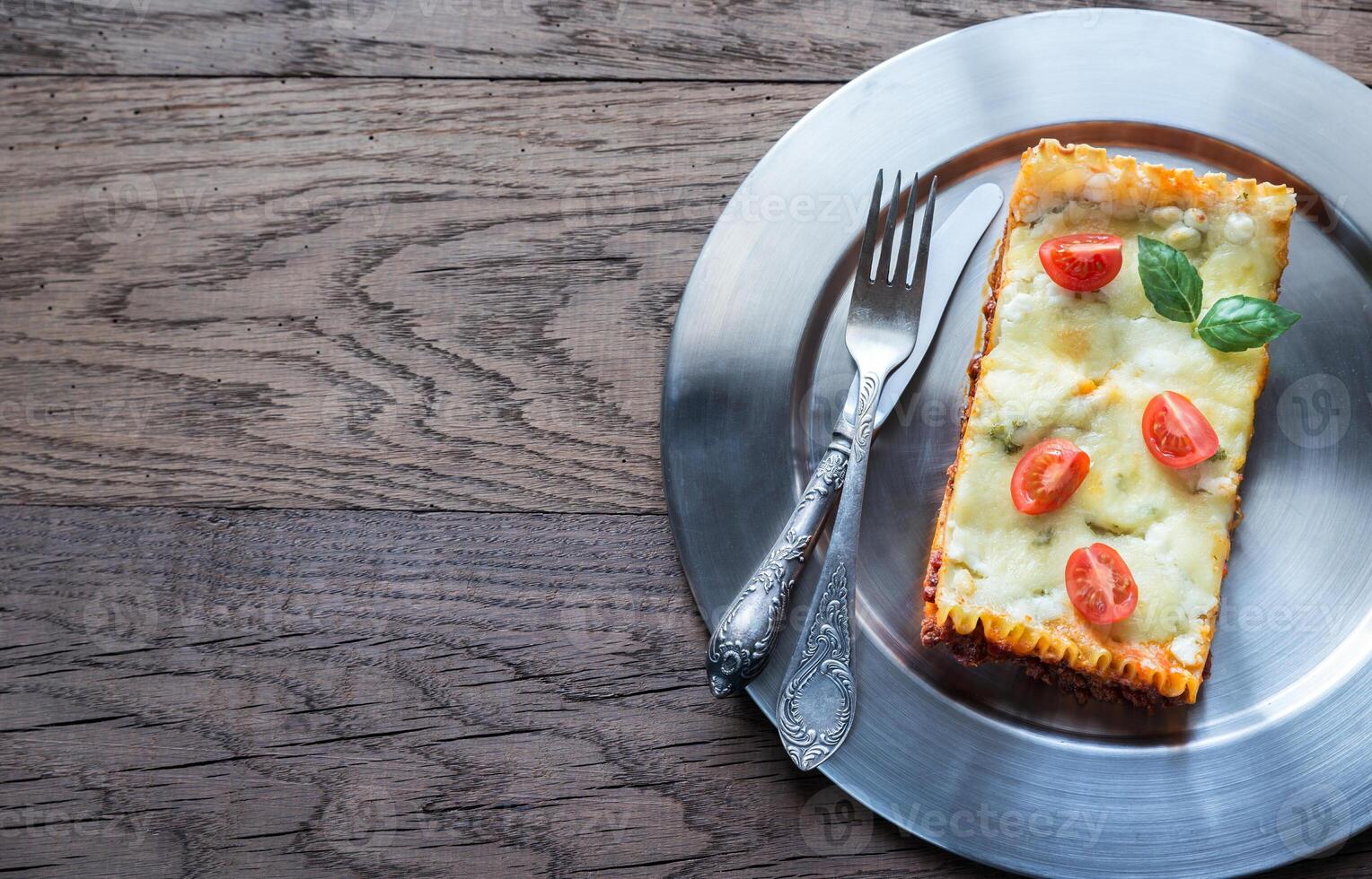 Lasagna on the metal plate photo