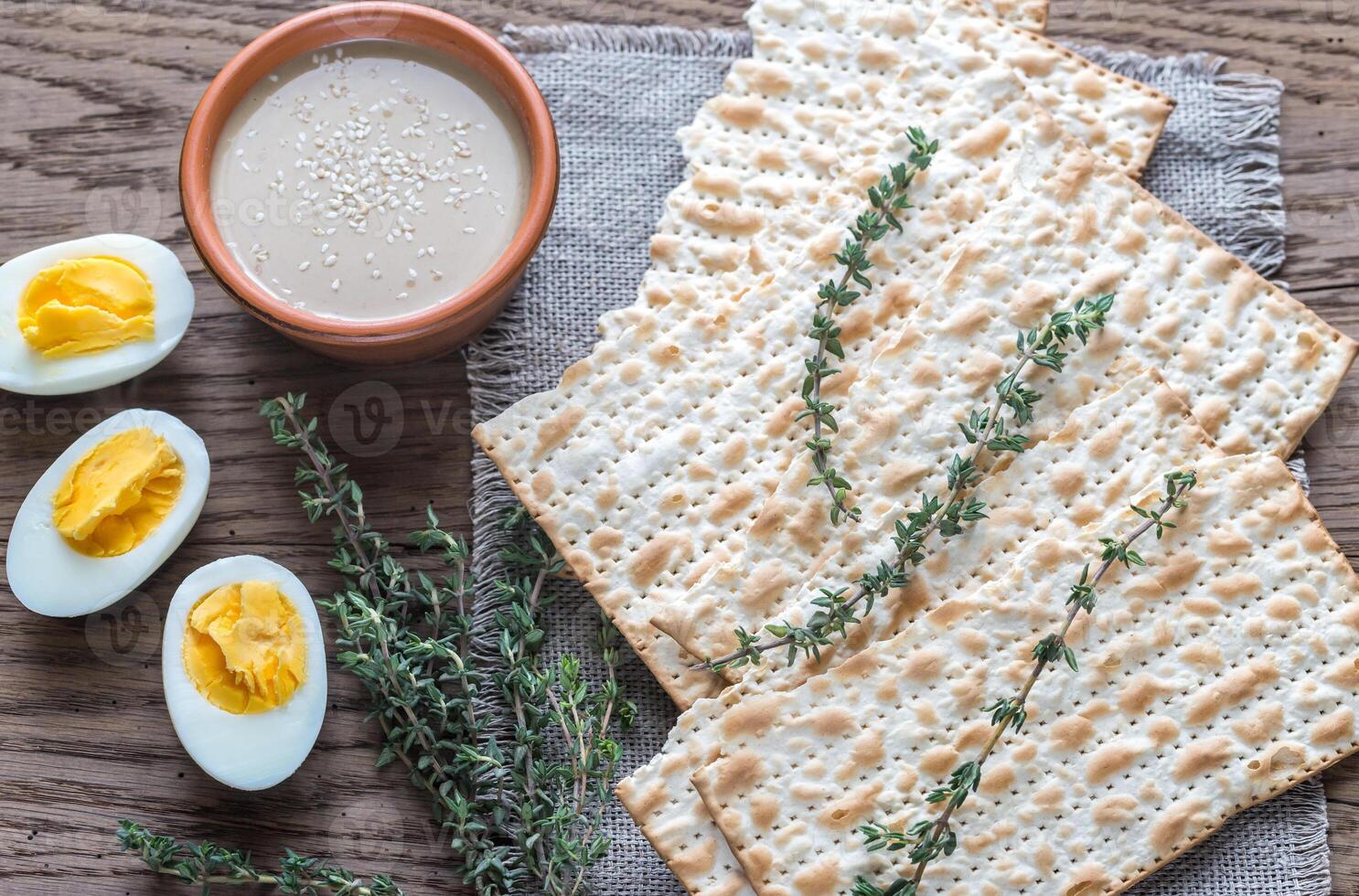 Bowl of tahini with matzos photo