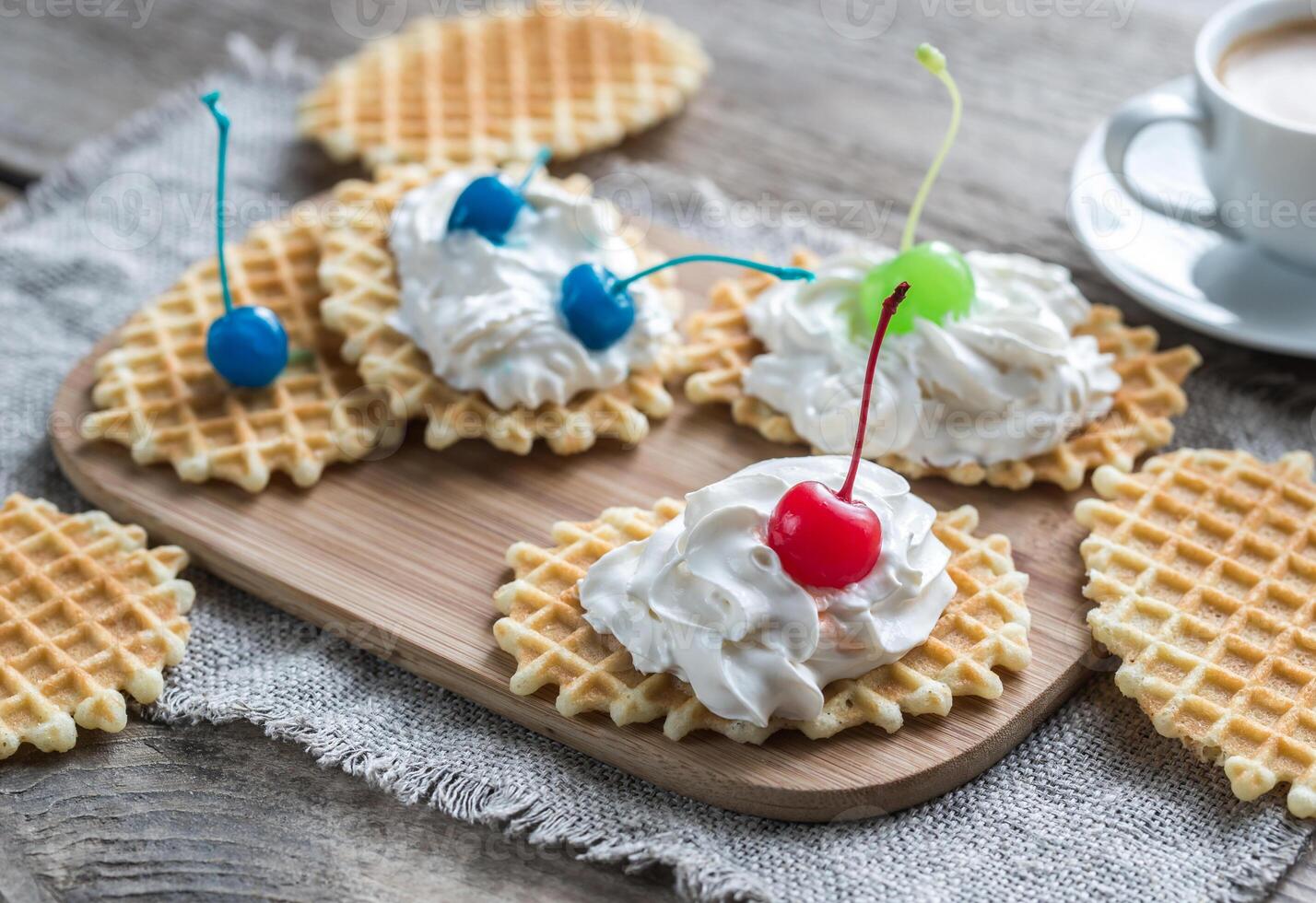 Belgian waffles with whipped cream photo