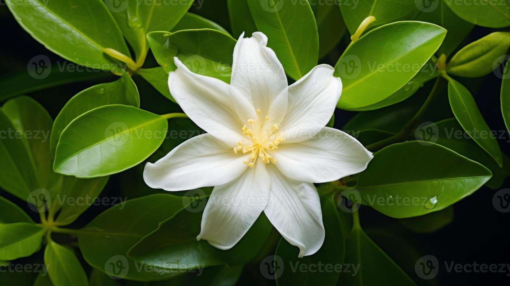 AI generated White Tiare Flower with Raindrops on Petals photo