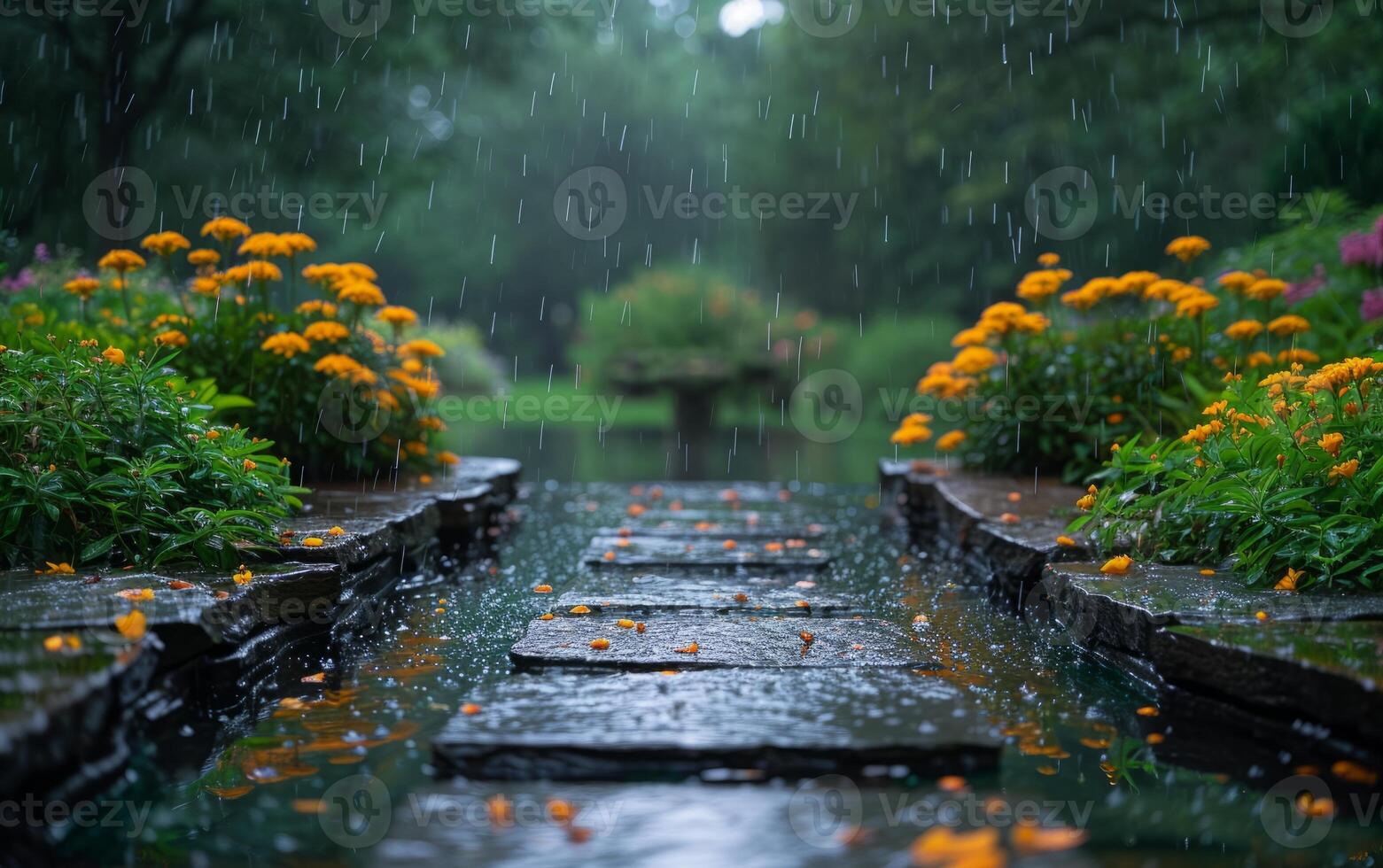 AI generated Rain in Lush Garden photo