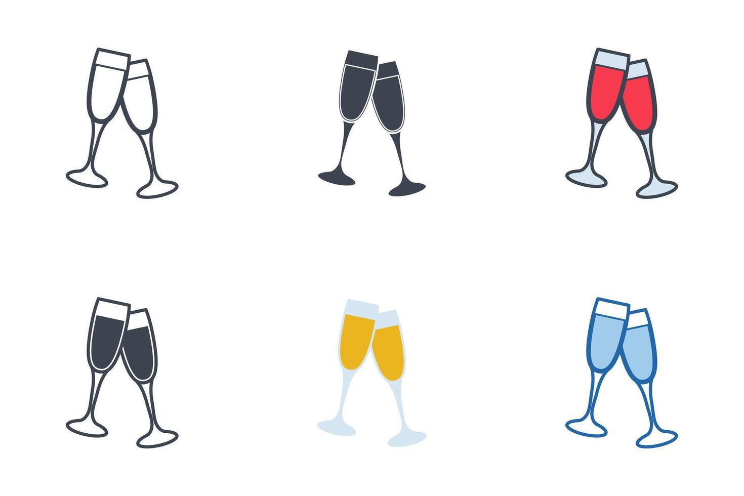 Cheers champagne glasses icons with different styles. Clinking glasses with champagne symbol vector illustration isolated on white background