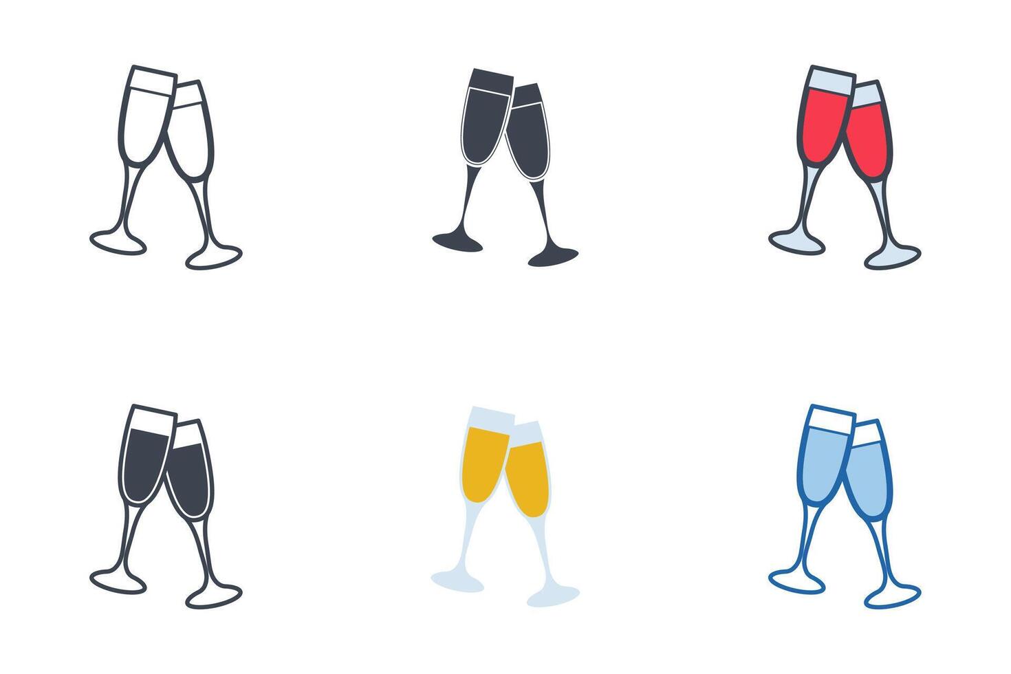 Cheers champagne glasses icons with different styles. Clinking glasses with champagne symbol vector illustration isolated on white background