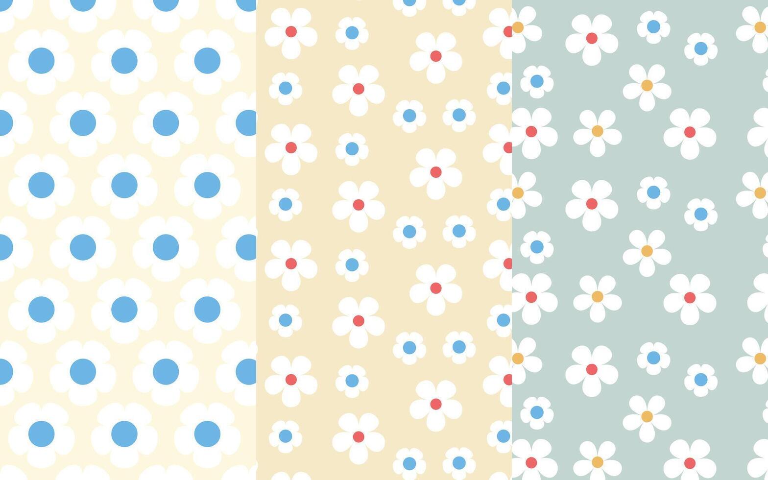 patterns with daisy flower, 3 kind flowers backgrounds vector illustration. Cute summer wallpaper.