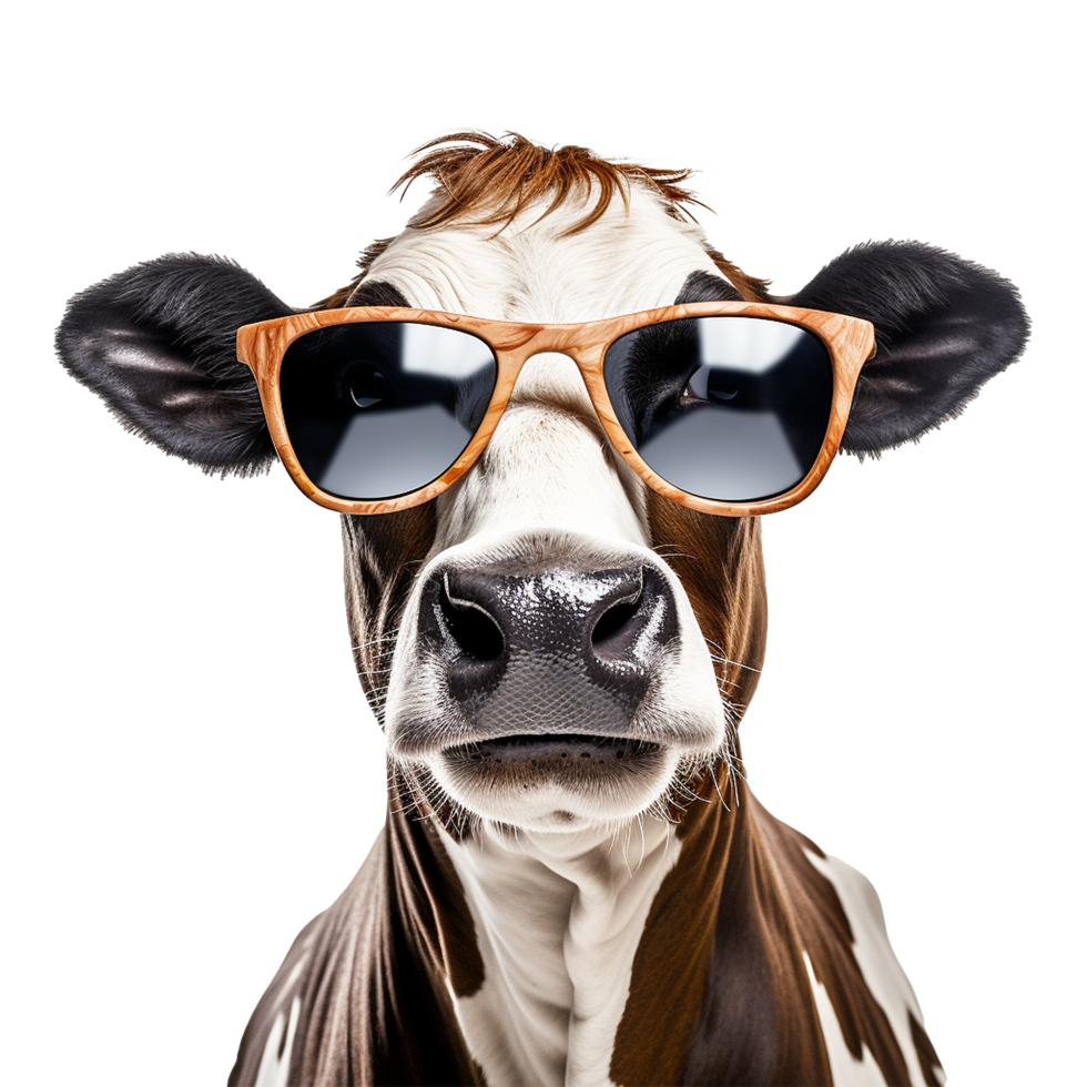 ai generato mucca indossare freddo estate bicchieri png isolato su trasparente sfondo