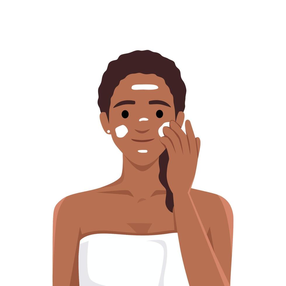Face of young smiling pretty woman cartoon character applying moisturizing mask on her face for skincare vector