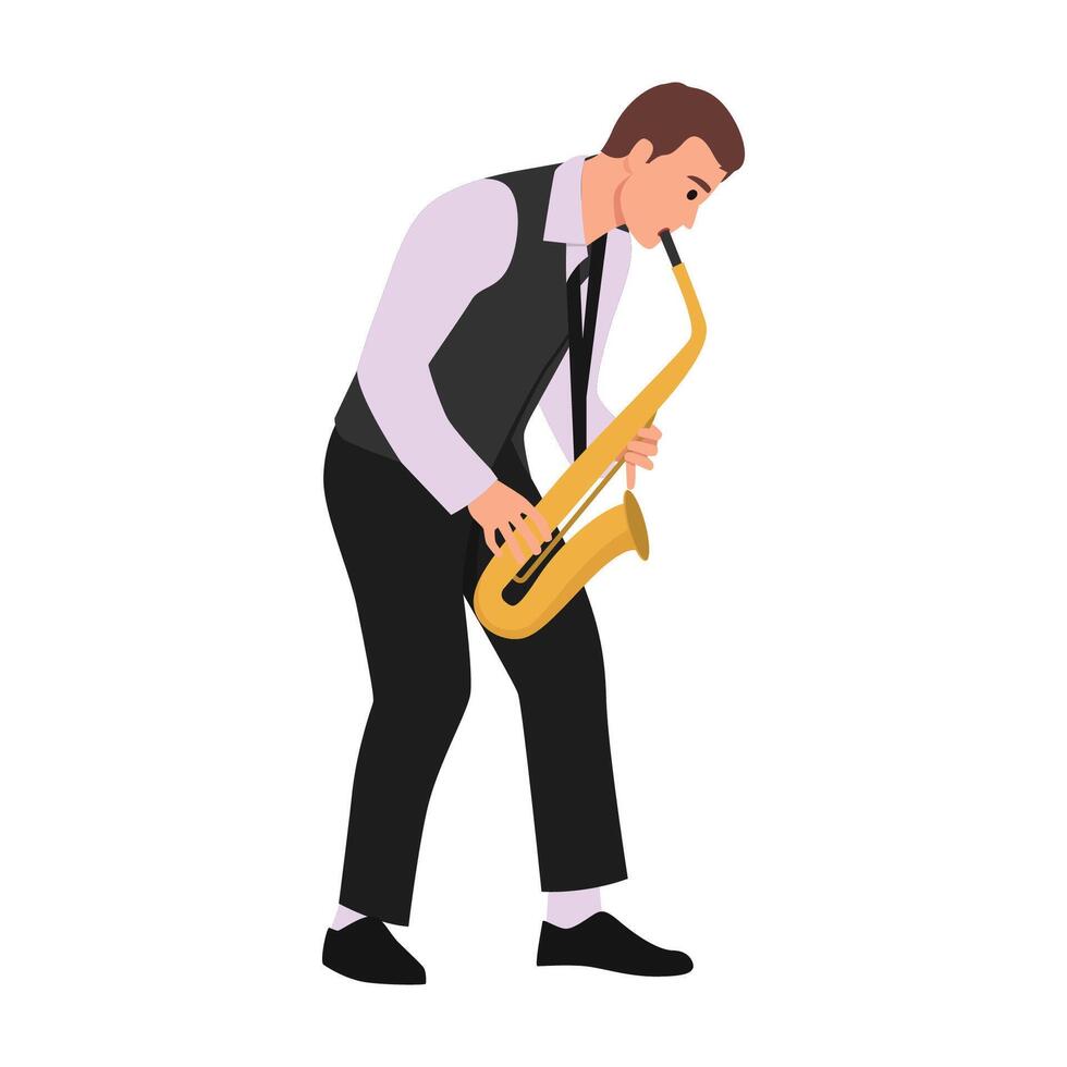 Happy saxophonist plays music on sax in elegant suit. vector