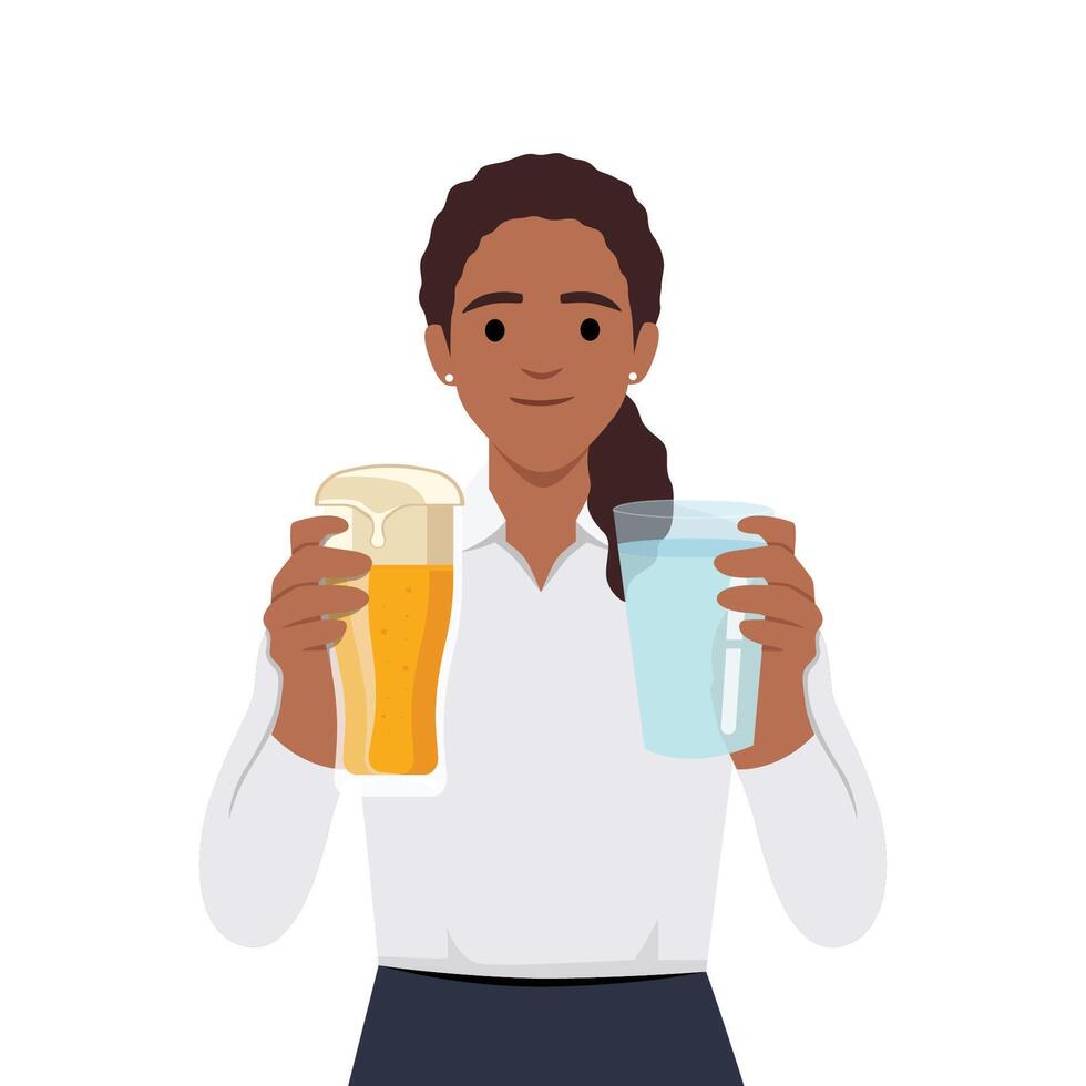 joven mujer participación vaso de mineral agua y vaso de cerveza. escoger cuales uno es mejor. sano o fiesta concepto. vector