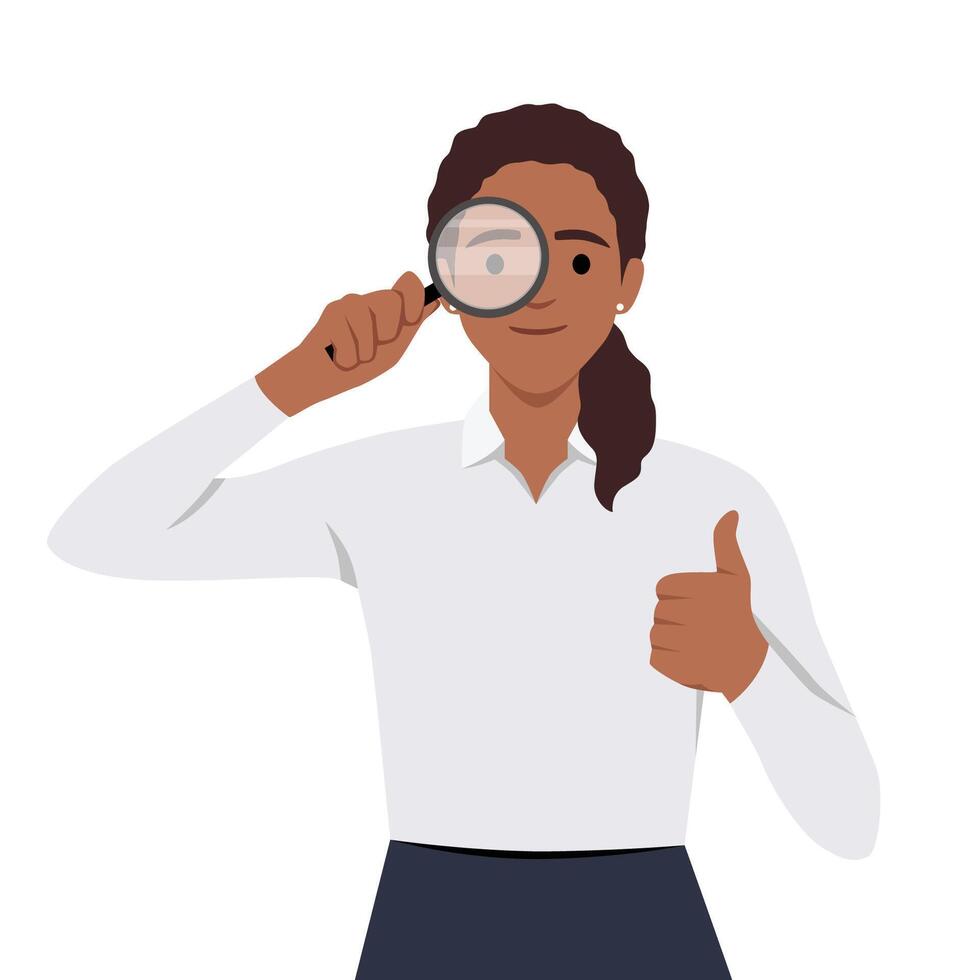 Young woman or girl holding a magnifying glass and making thumbs up vector