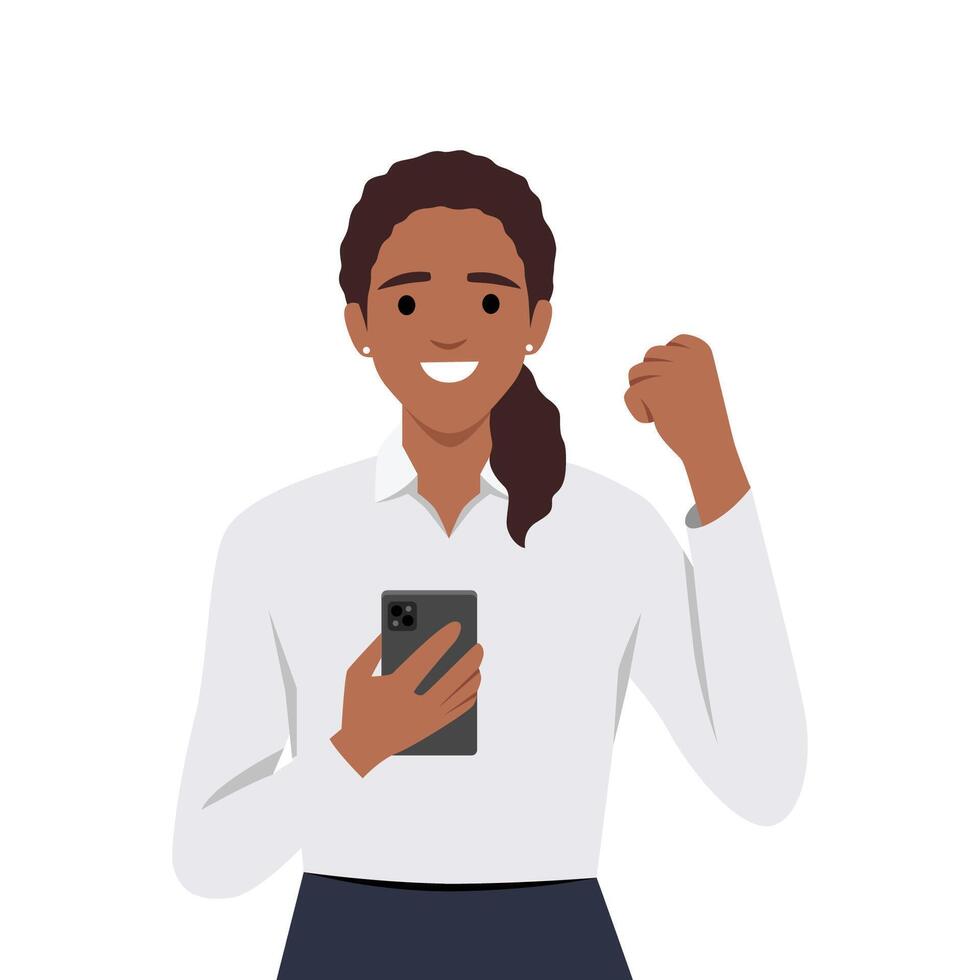 Young woman looks at smart phone screen reading message. vector