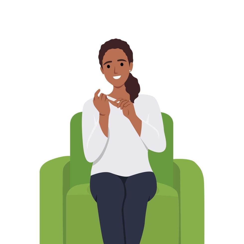 Carefree woman with curlers on hair sits on armchair taking care of nails vector