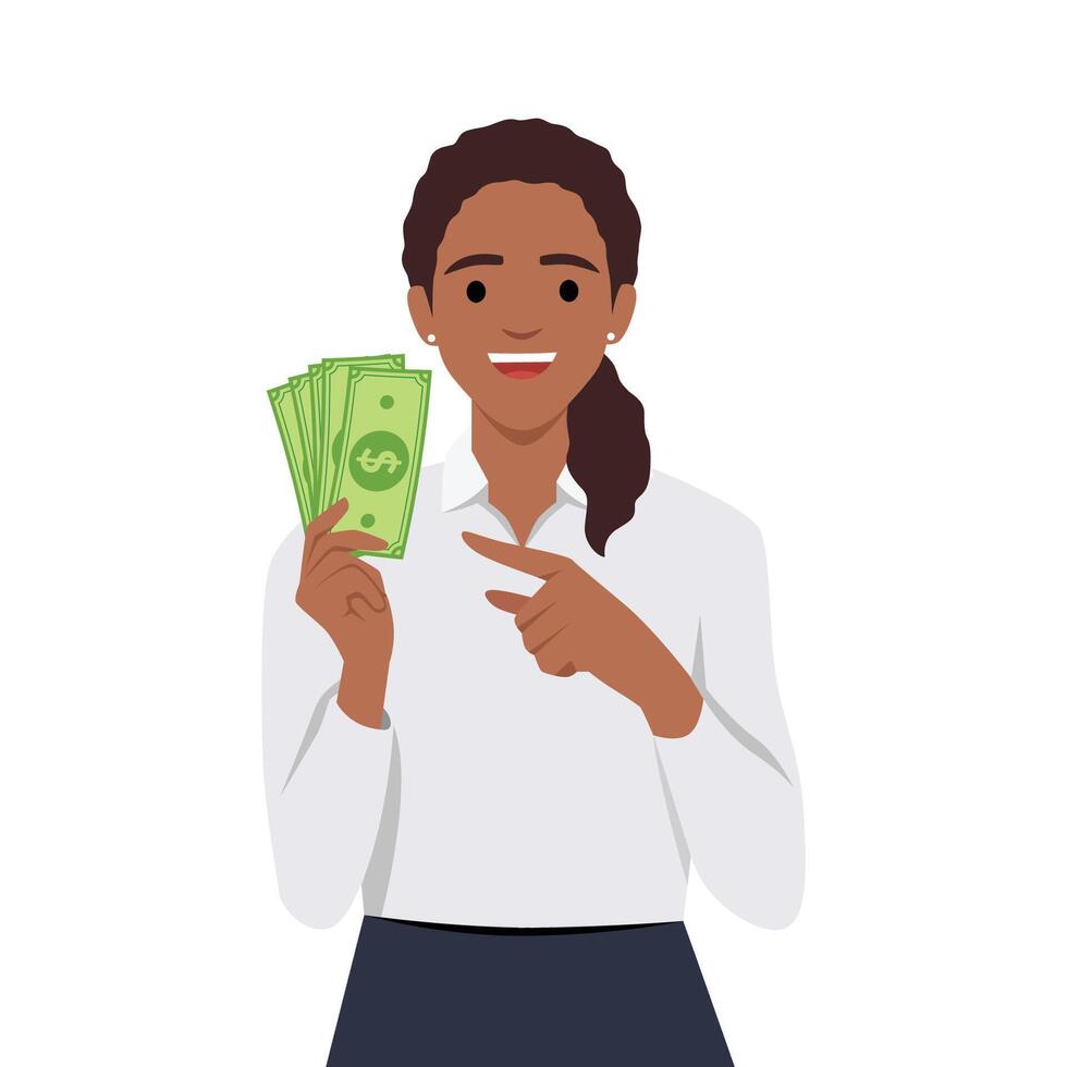 Young lucky girl hold lot of money, pointing at dollar bills in hand and smiling excitedly. vector