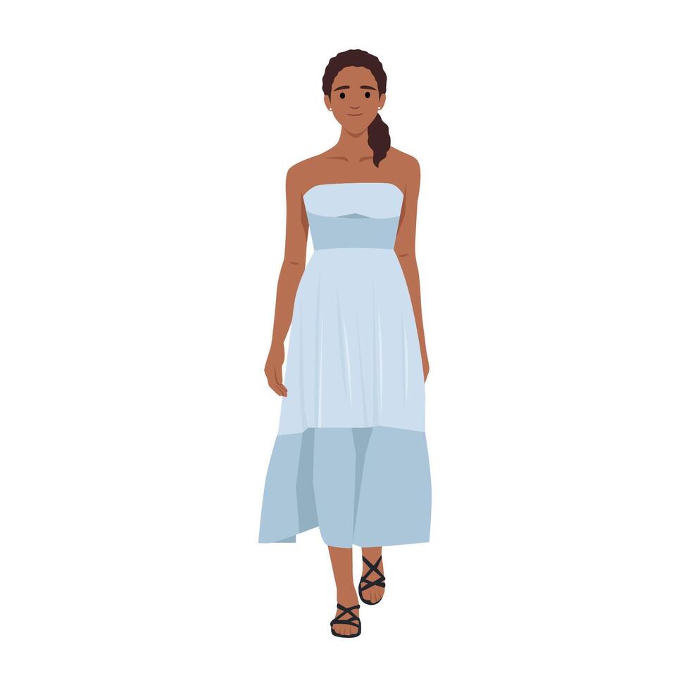 hermosa mujer en un azul en el encantador verano vestido. vector