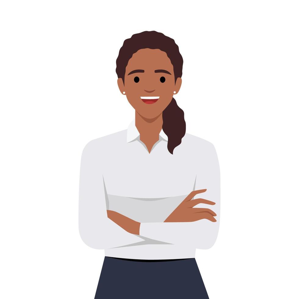 confidente y hermosa joven mujer en inteligente casual vestir acuerdo brazos cruzado y sonriente. retrato de un joven sonriente mujer. mujer doblada manos. vector