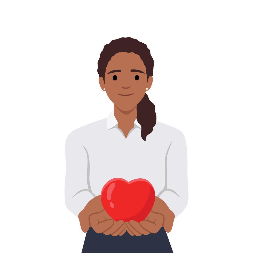 Young woman holding a heart. Young woman gives her love. Symbolizes love, kindness and peace vector