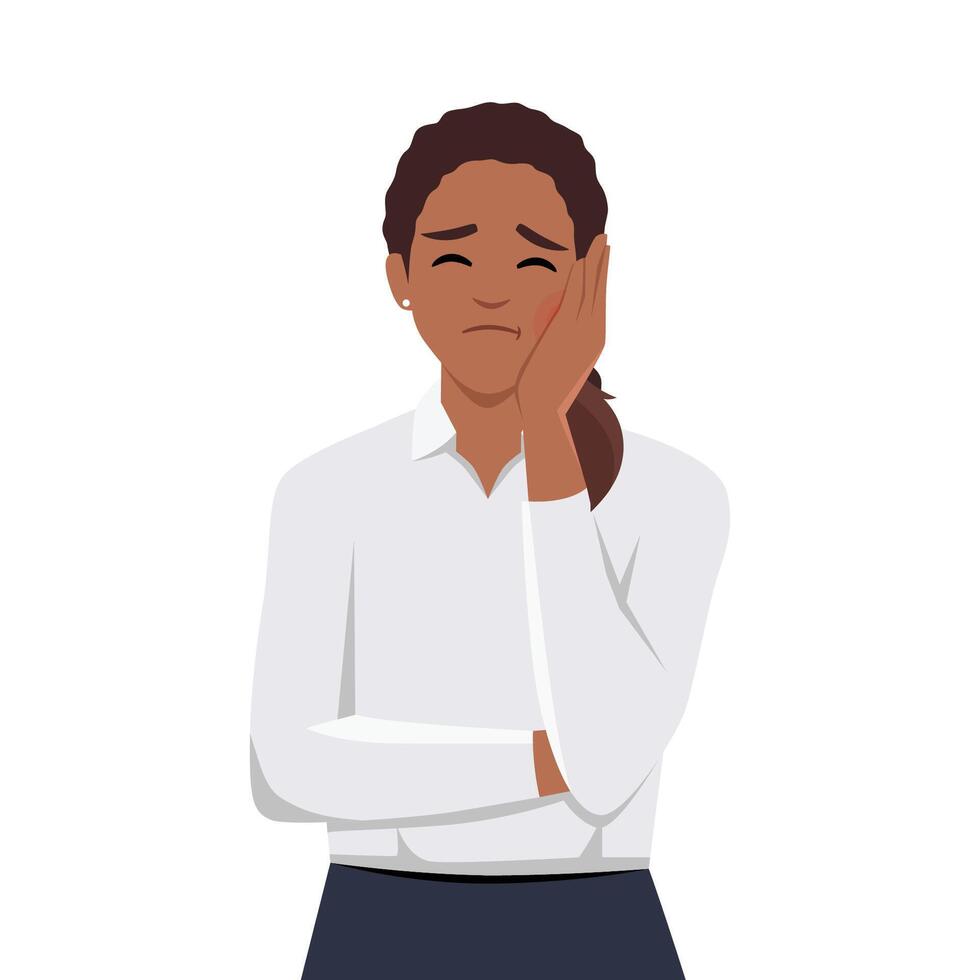 Young sad unhappy woman holding cheek due to toothache having expression of pain. vector