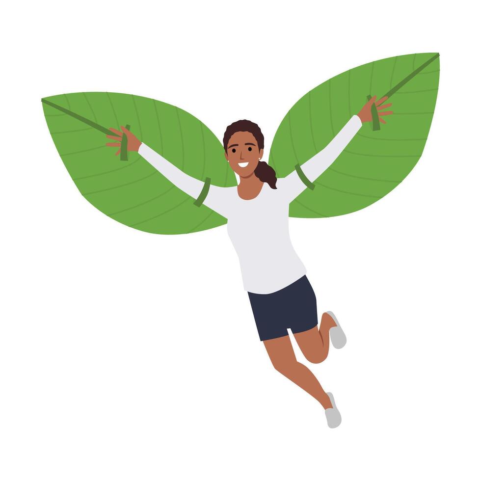 joven mujer volador en hojas alas, representando ecoturismo y viajes ecológicos vector
