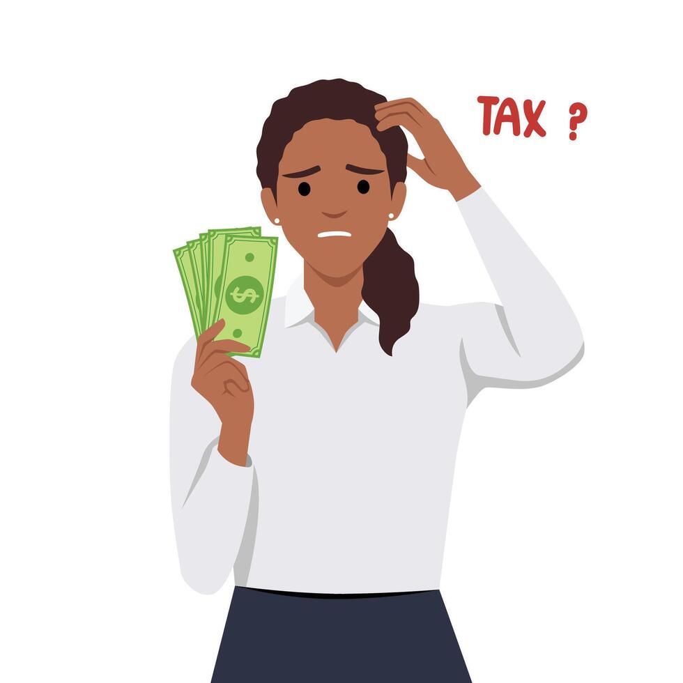 mujer de negocios son confuso con impuesto documentos y cómo mucho ella tiene a pagar para impuesto. vector
