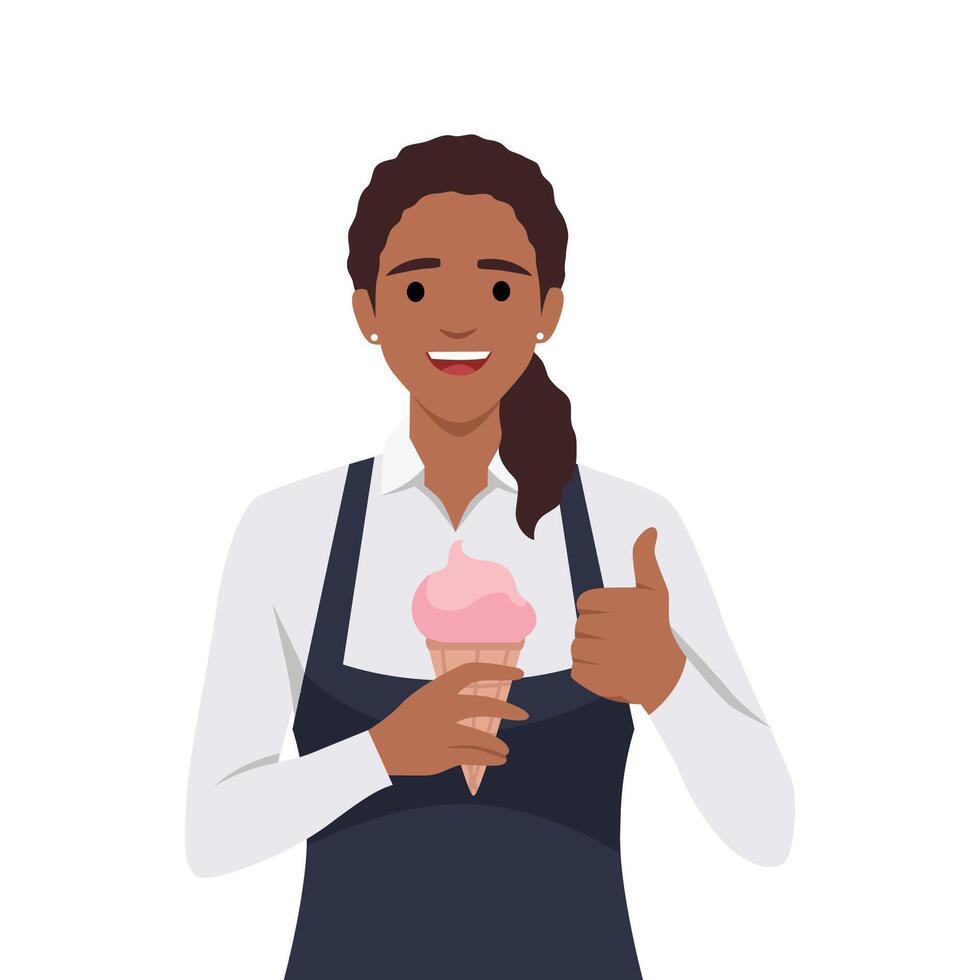 Smiling girl seller stretch hand with ice cream. vector