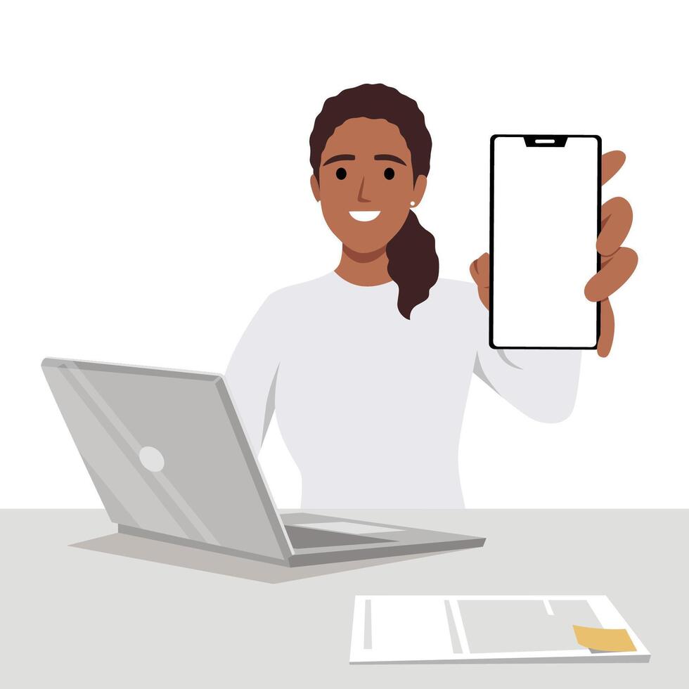 Stylish young woman working on laptop computer and showing mobile phone. vector