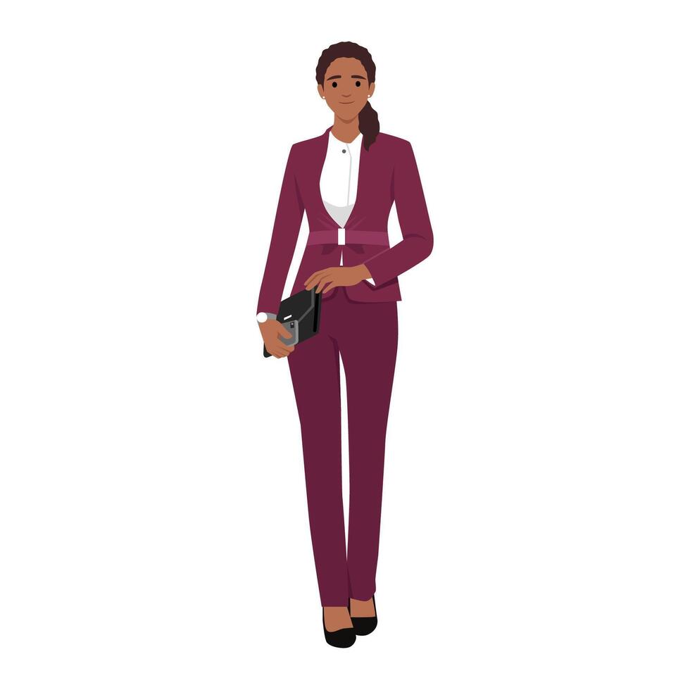 Elegant beautiful business woman thinking looking away and making idea holding bag and phone. vector