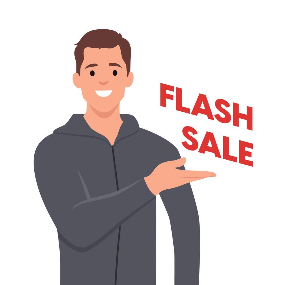 Man with promotion banner with flash sale and cashback concept. vector