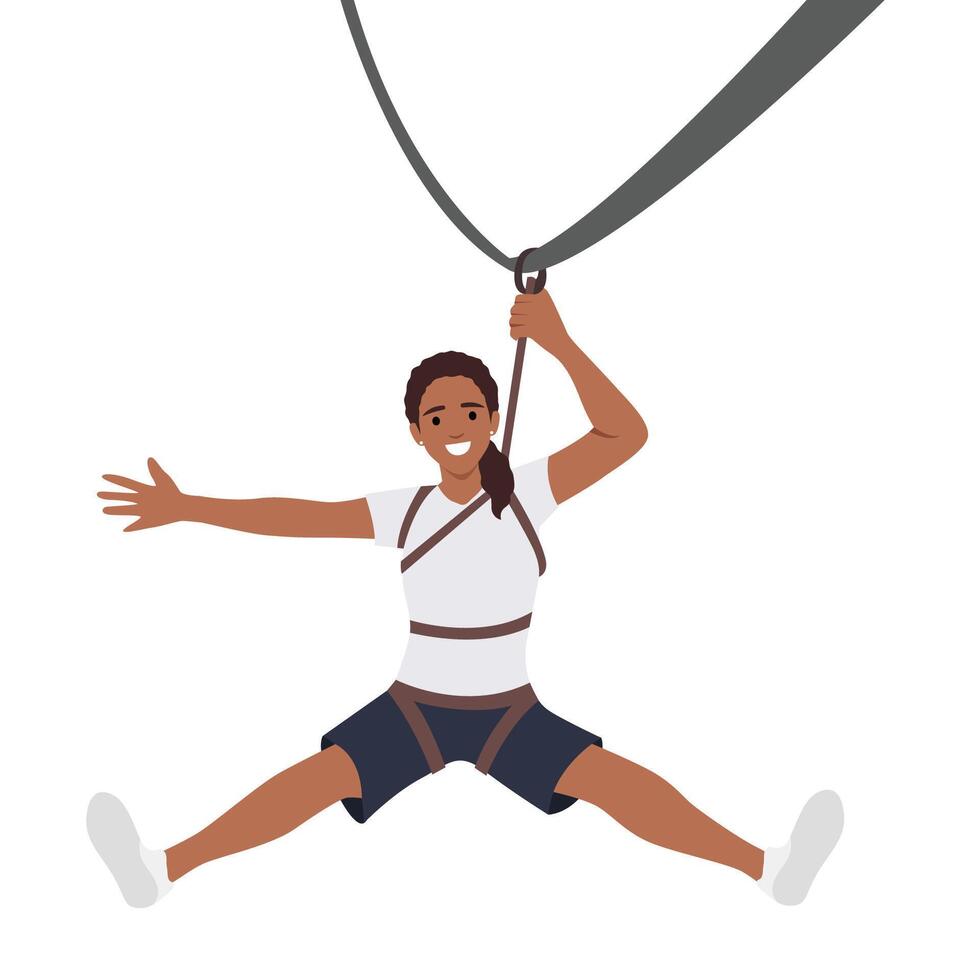 Woman doing rope slide ride. Hand on line over crossing cliff. Zip line rope concept banner. Cartoon illustration of zip line rope vector concept banner for web design