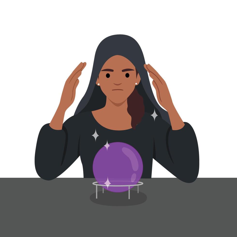 fortuna cajero mujer leyendo futuro en mágico cristal pelota. gitano oráculo. vector