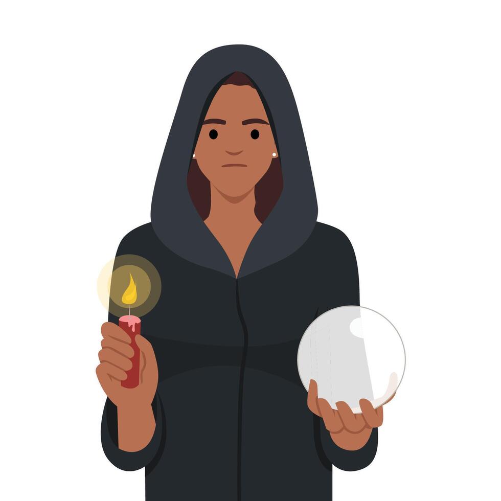 Gypsy fortune teller with crystal ball and a candle. wearing a robe or cape or hoodie. vector