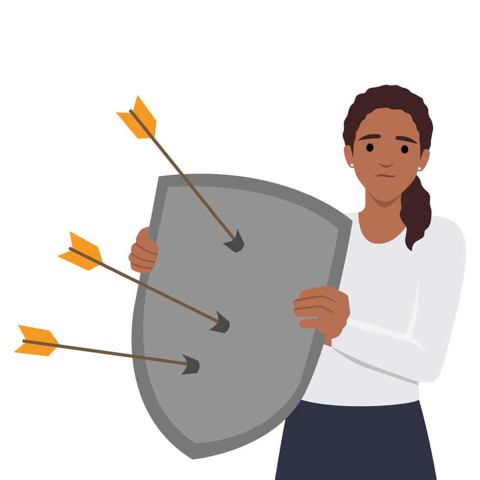 Young woman with mental disorders hold shield with arrows vector