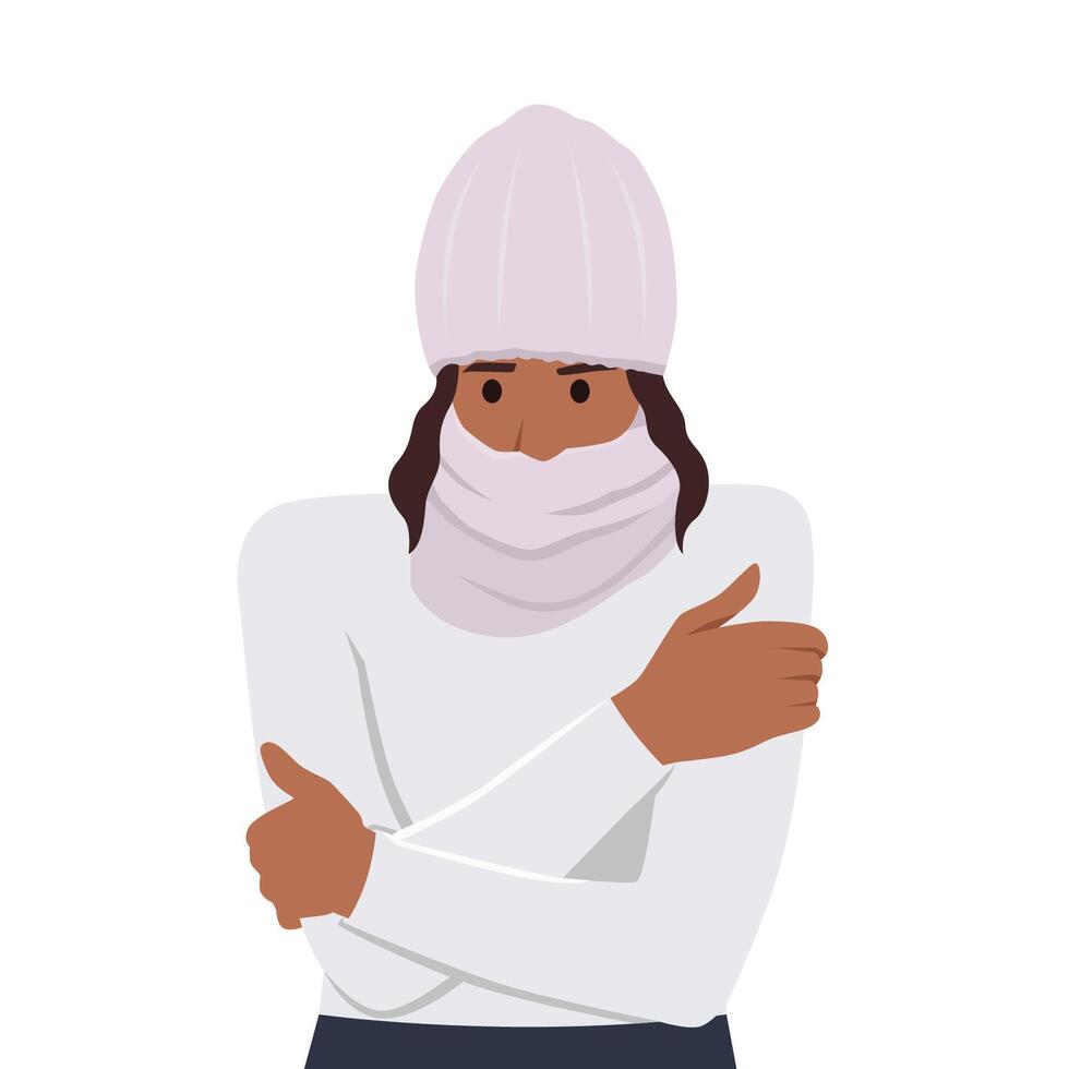 mujer temblando en Relajado frío invierno temporada clima. invierno estación. vector