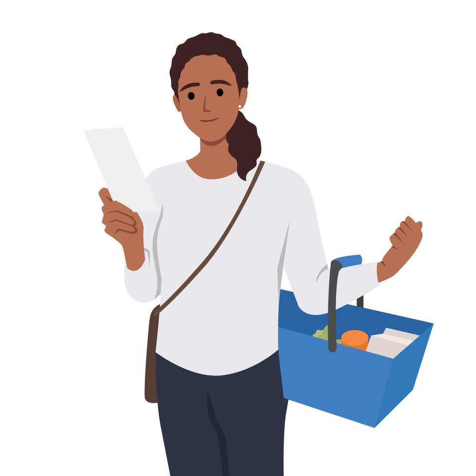 Woman is carrying a grocery cart full of groceries in the supermarket. vector