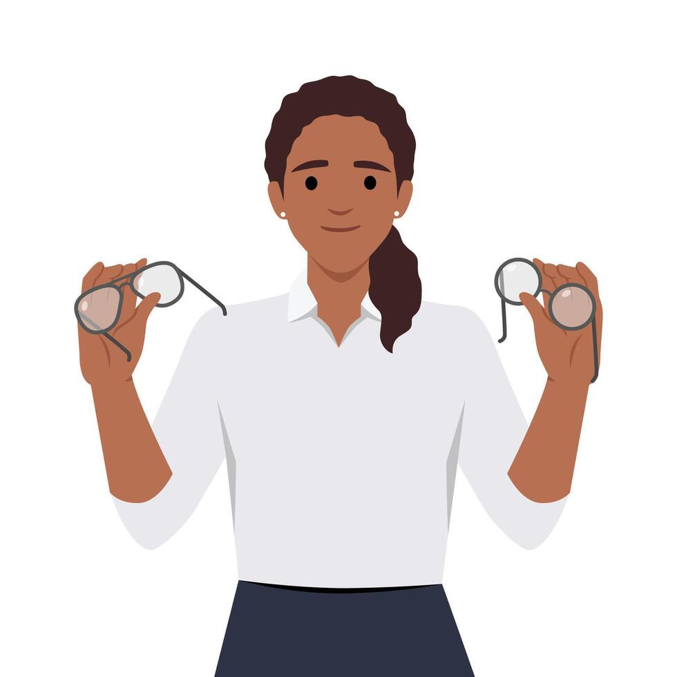 Woman holds glasses and lenses in hands choosing convenient and useful product for eye care. vector