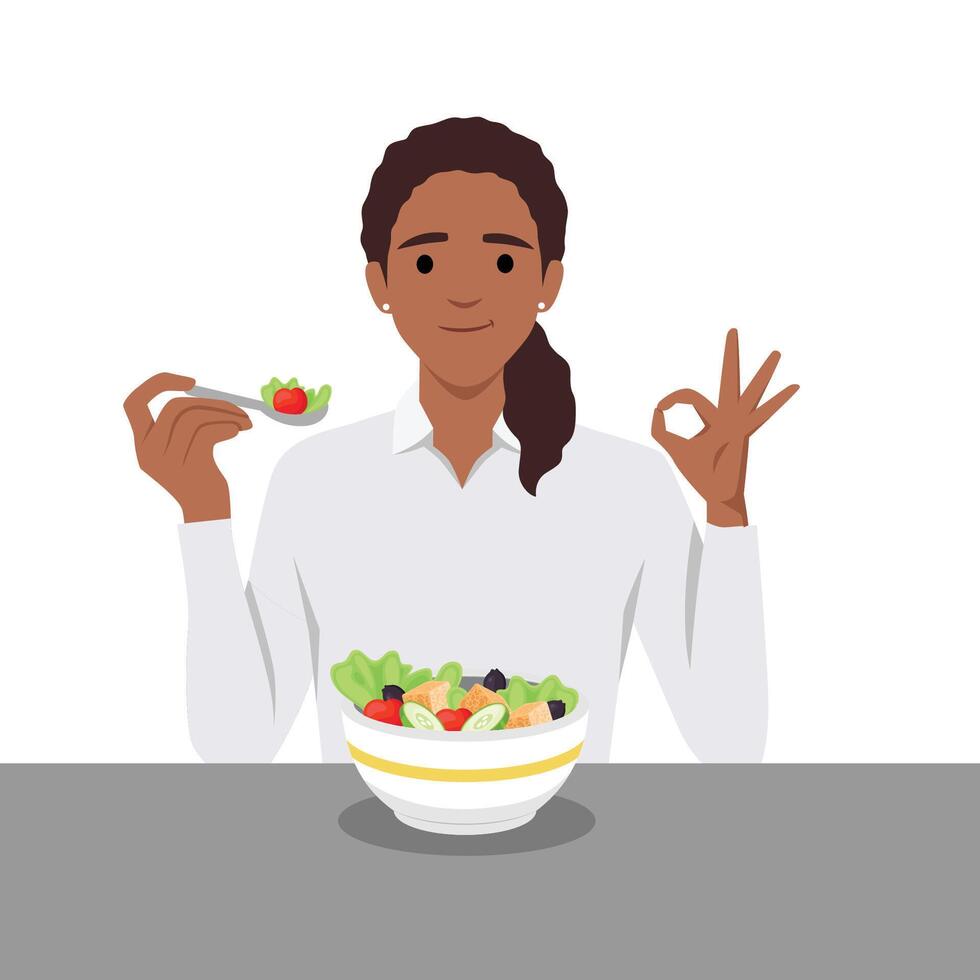 joven mujer comiendo ensaladas dieta comida para vida. sano alimentos vector