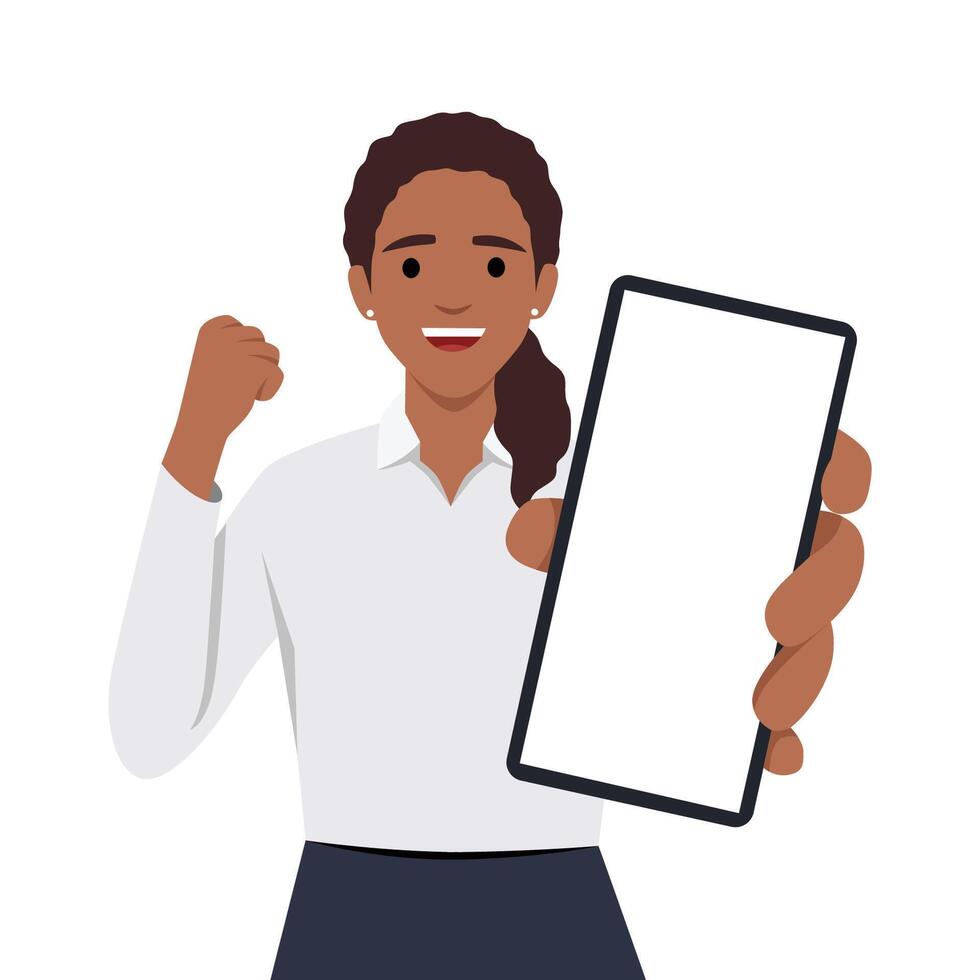 Woman showing at blank screen mobile phone and hand gesture success vector