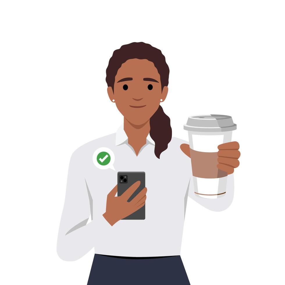 Woman holding phone and coffee take away cup in one hand. vector