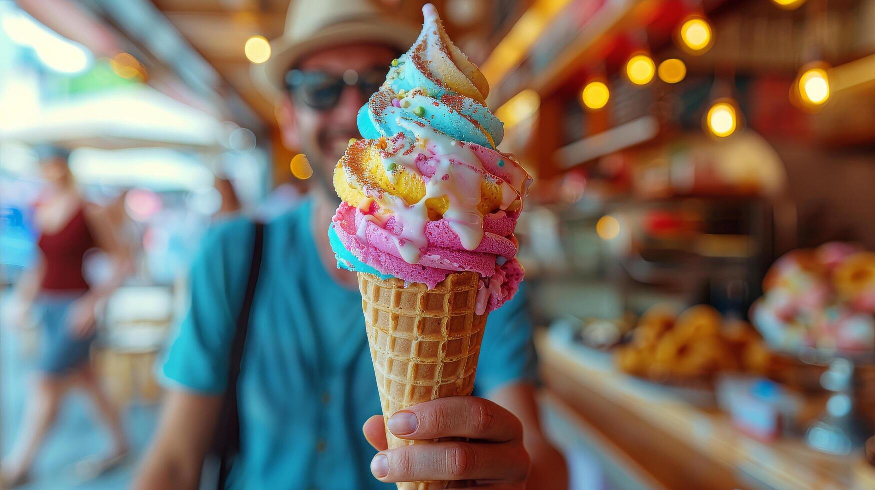 AI generated a person smiling joyfully while holding a colorful ice cream cone photo