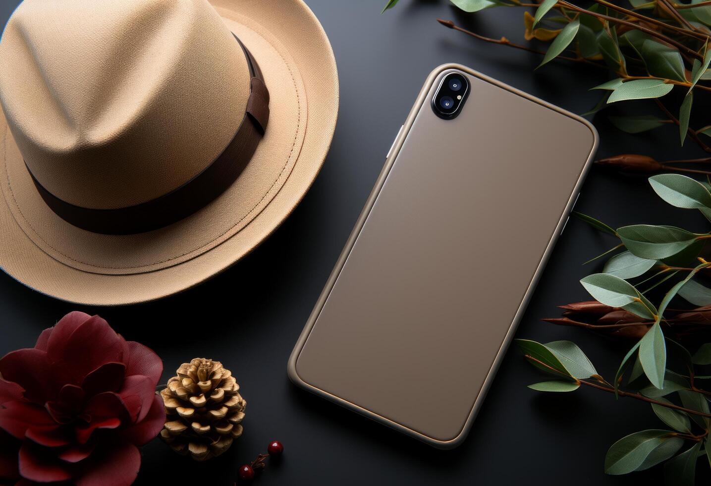 AI generated a smartphone, hat, notebook and cup on the hat photo