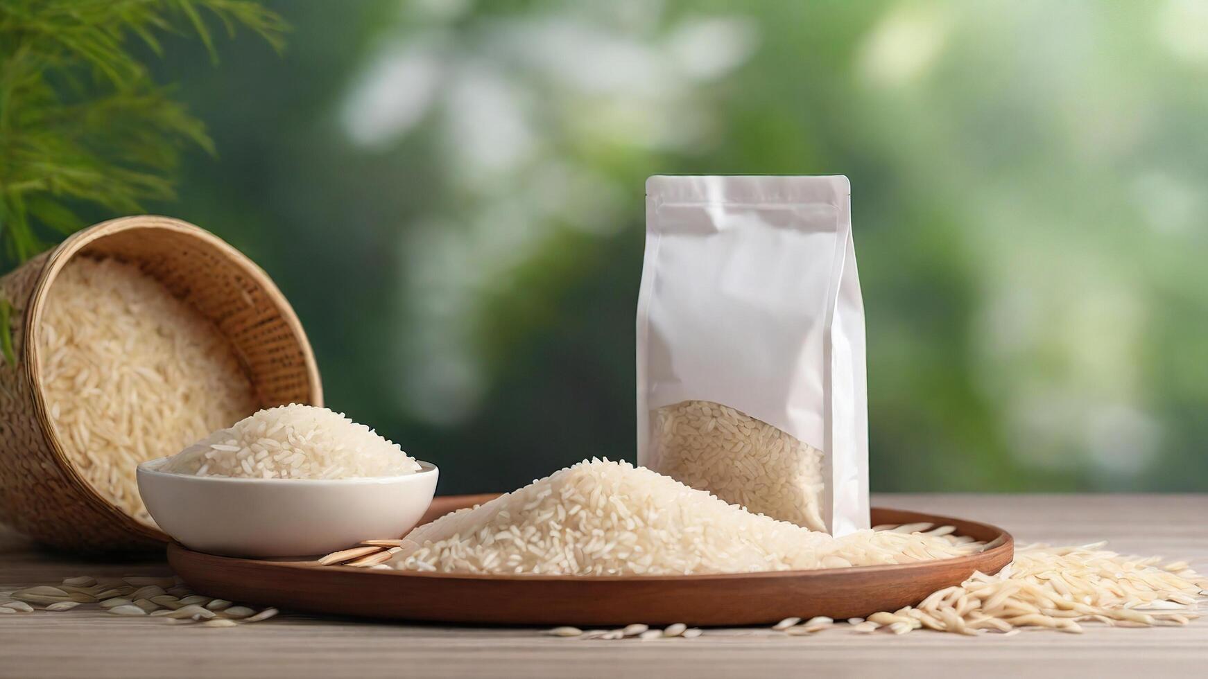 AI generated rice in a bowl and packaging photoshoot photo