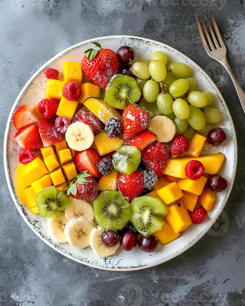 AI generated Fruit salad on a white plate, there are strawberries, grapes, kiwi, oranges, small banana pieces, berries, mango, It's been sprinkled with syrup on top photo