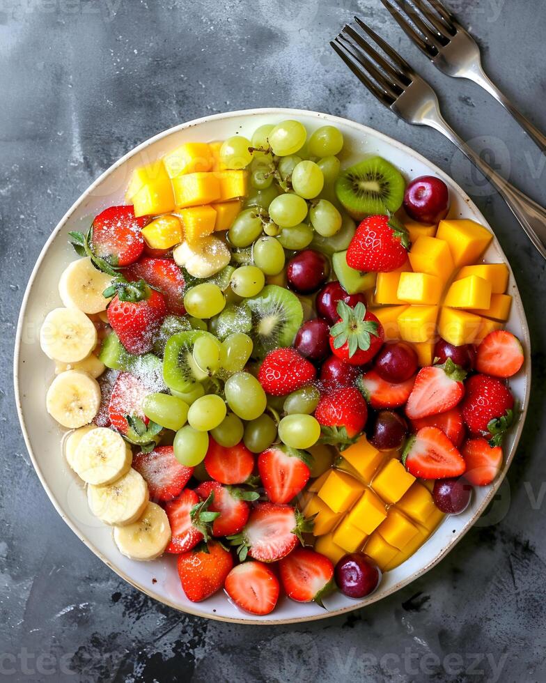 ai generado Fruta ensalada en un blanco lámina, allí son fresas, uvas, kiwi, naranjas, pequeño plátano piezas, bayas, mango, es estado rociado con jarabe en parte superior foto