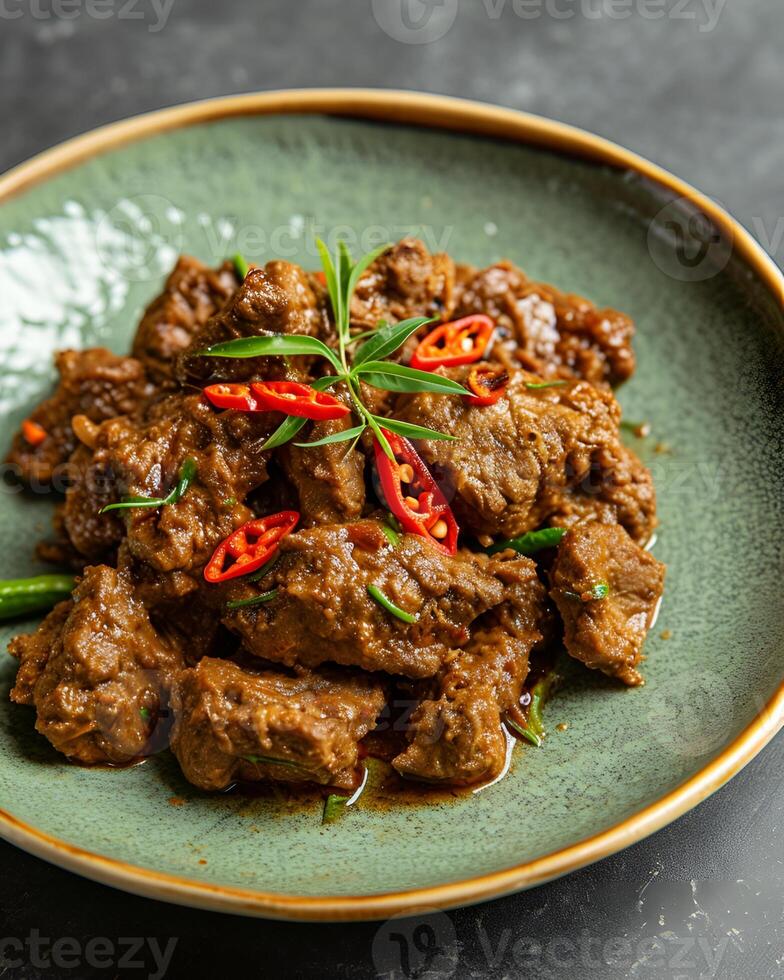 AI generated Rendang with sliced chilies on a light green plate on a gray table background photo