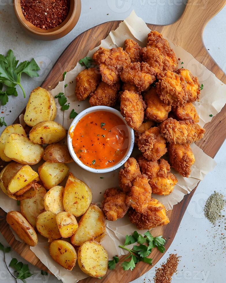 AI generated Air fryer chicken bites and a small bowl containing sauce on a wooden cutting board, there are fries and also spices around it photo