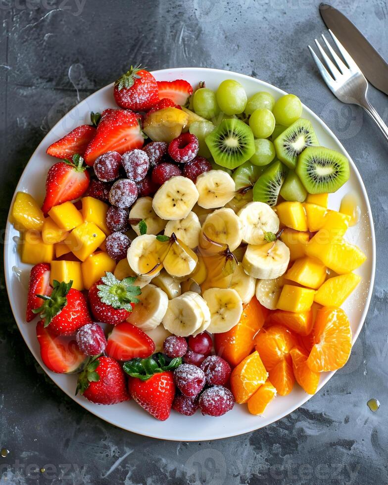 ai generado Fruta ensalada en un blanco lámina, allí son fresas, uvas, kiwi, naranjas, pequeño plátano piezas, bayas, mango, es estado rociado con jarabe en parte superior foto