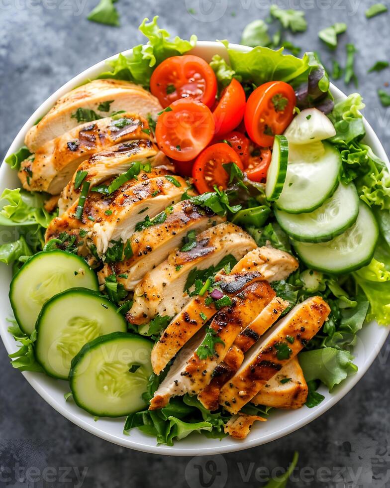 AI generated Grilled chicken salad on a white plate surrounded by celery leaves on a dark cement table photo