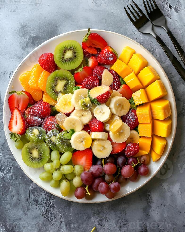 AI generated Fruit salad on a white plate, there are strawberries, grapes, kiwi, oranges, small banana pieces, berries, mango, It's been sprinkled with syrup on top photo