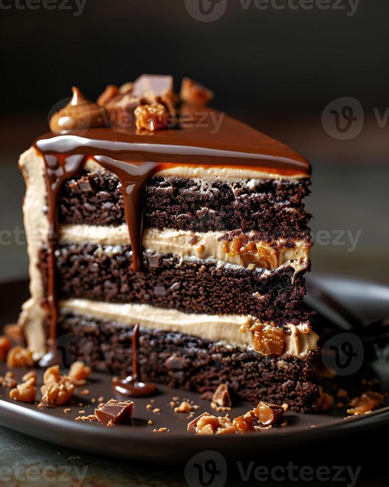 AI generated Peanut butter chocolate layer cake, the chocolate is melting photo