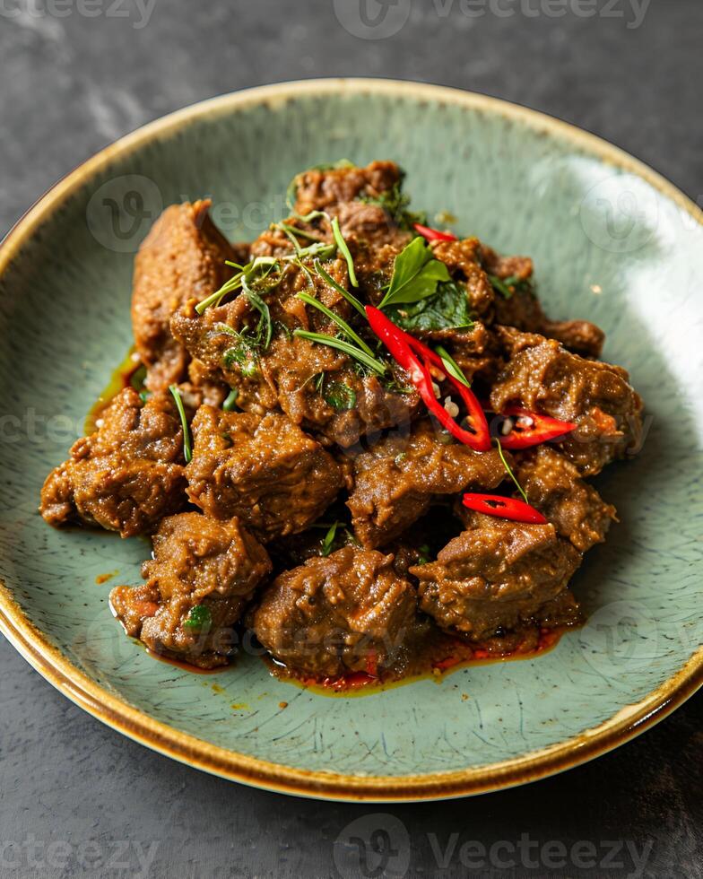 AI generated Rendang with sliced chilies on a light green plate on a gray table background photo