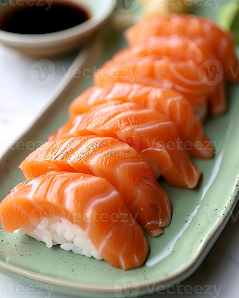 AI generated Salmon sushi is neatly arranged on a light green plate, The table used is white table top photo