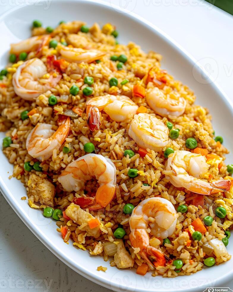 AI generated Shrimp Fried Rice on white plate, photo for the restaurant menu